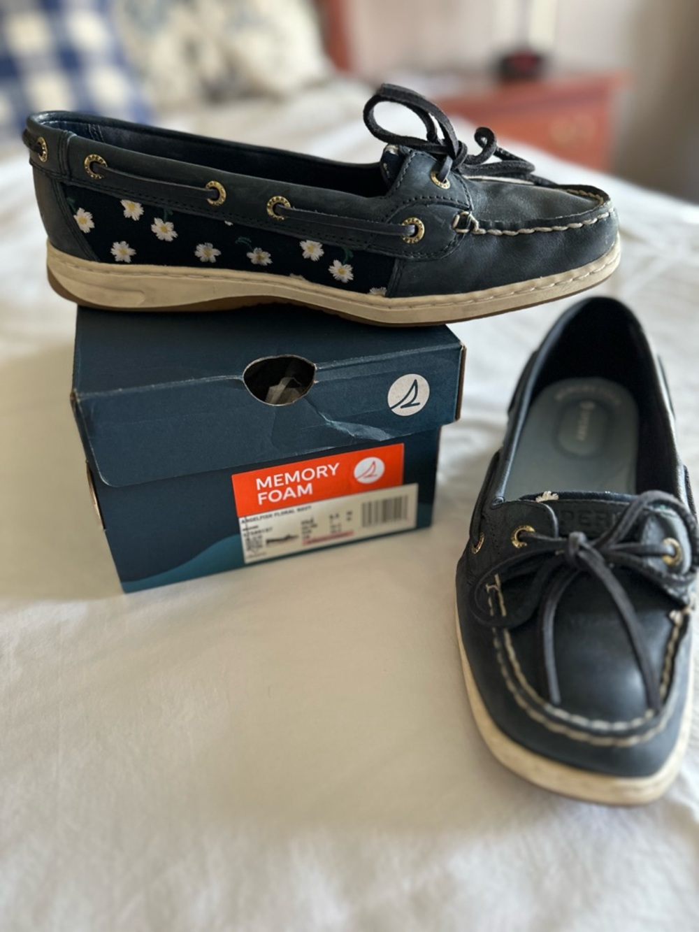 Sperry Black Canvas & Leather Daisy-Print Boat Shoes